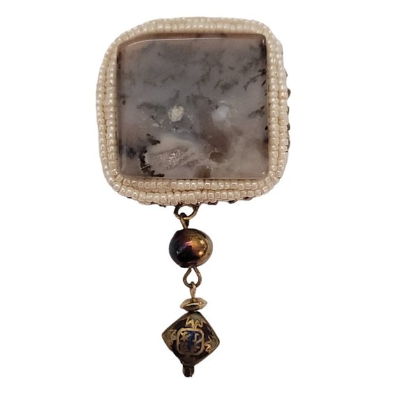 Glass White Bead Square Moss Agate Asian Bead Dangle Brooch K893 - Picture 4 of 9